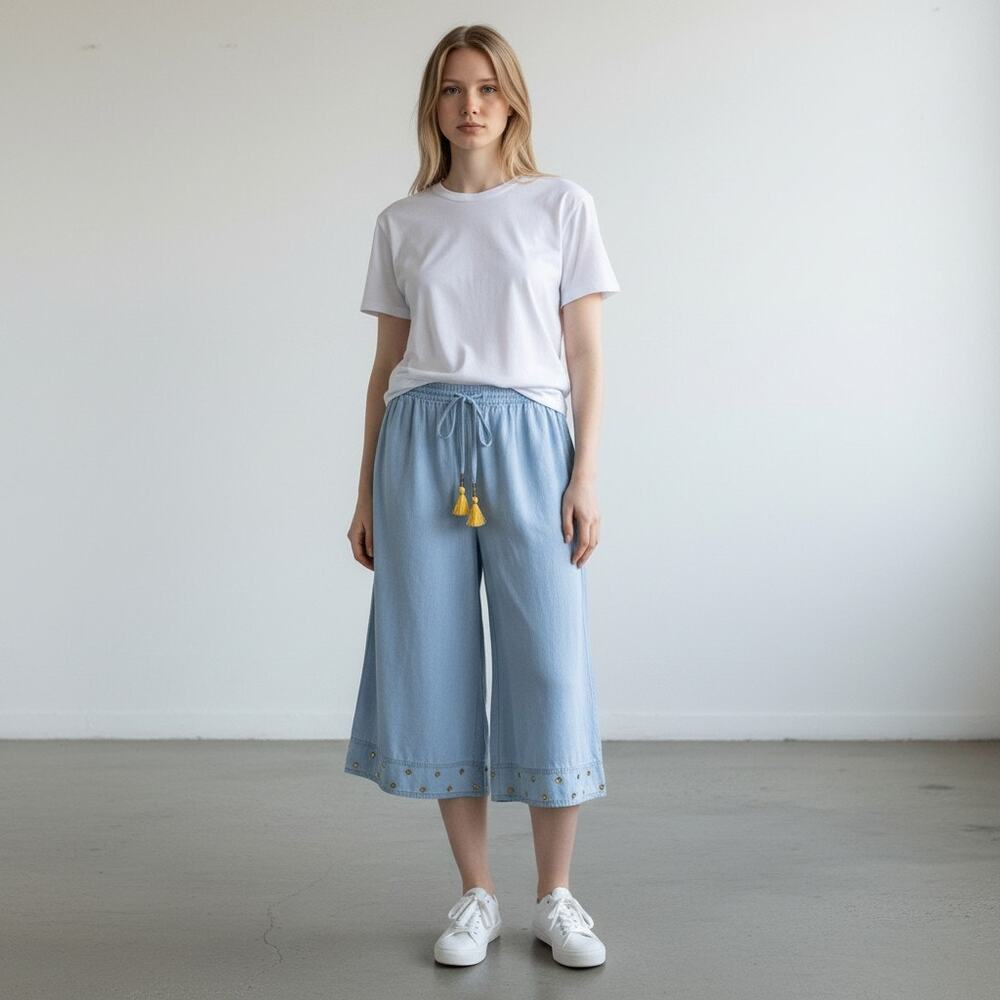 Nicole Miller Atelier Chambray Wide Leg Embellished Cropped Pants Size L